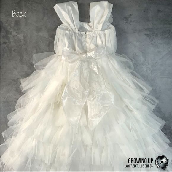 LAYERED MESH TULE PARTY DRESS IN OFF WHITE TEA LENGTH EMPIRE WAIST GIRLS SIZE 4 - Picture 7 of 15